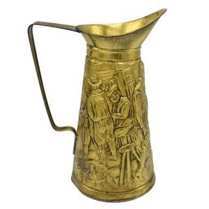 Vintage Brass Repousse Pitcher Pub Scene Water Jug